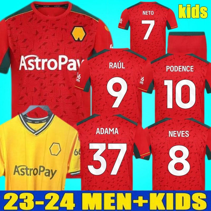 

Wolves 23 24 Home Soccer Jerseys RAUL SEMEDO NETO NEVES TRINCAO Wanderers J OTTO PODENCE GIBBS HEE CHAN Wolverhampton 2023 2024 Football Shirts Men Kids Kit uniform, 23-24 away+patch