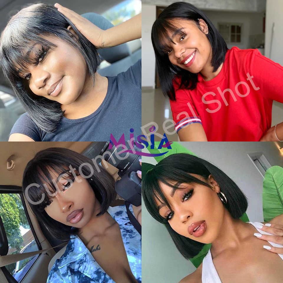 

Synthetic Wigs Misia Straight Bob Human Hair Wigs with Bang Full Machine Made Brazilian Remy for Woman 14 Inch 230227, Ombre color