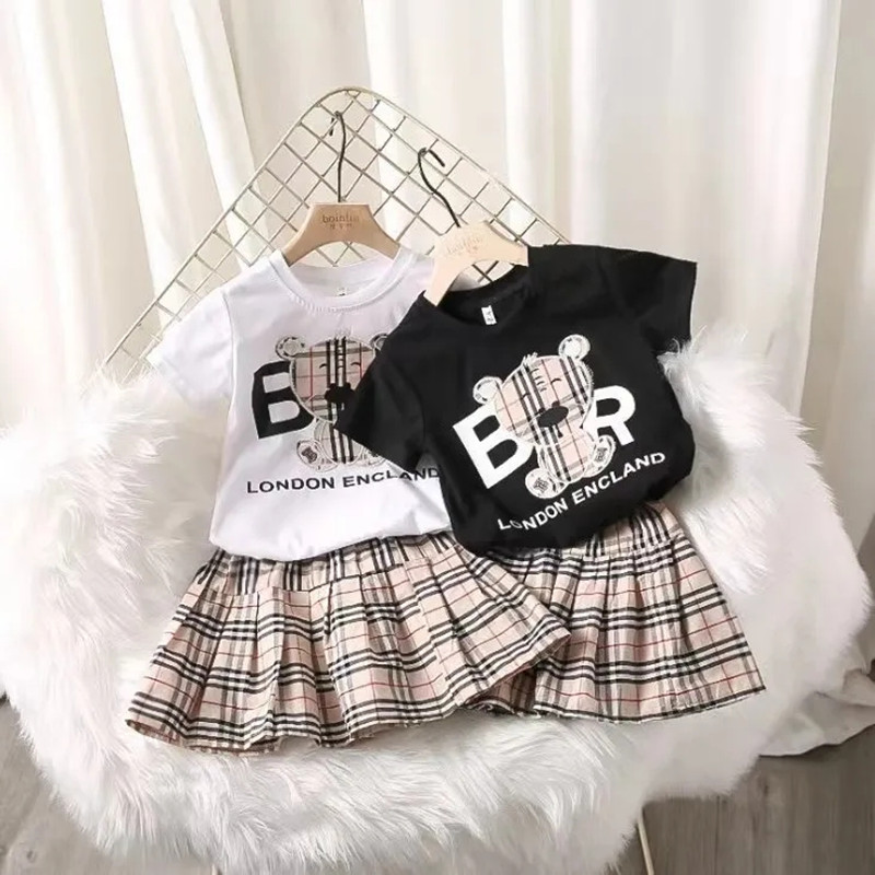 

New Arrival Baby Girls Clothing Set Summer Plaid Girl Clothes Sets Toddler tops Skirt Suit Kids Clothes, Black
