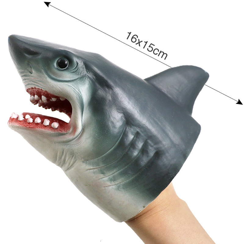

Puppets Shark Puppet Children's Soft Rubber Animal Head Glove Model Children's Dinosaur Doll Triangle T-Rex Dummy Animal Puppet 230621, B-shark grey