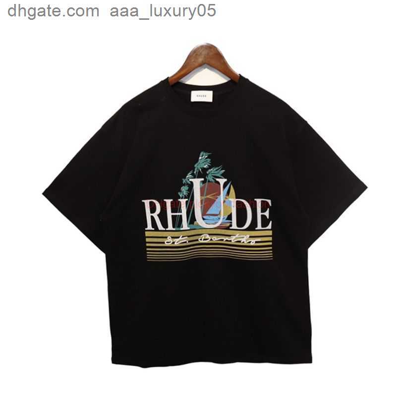 

Designer Fashion Clothing Tees Tshirt the Correct Version of Rhudes New Sailboat l Printed Round Neck Short Sleeved High Street Loose Fitting Pure Cotton Tshirt for M, Black