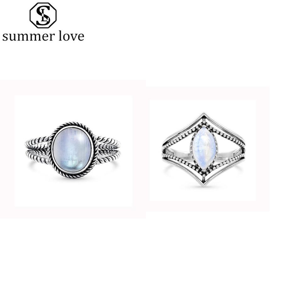 

New Vintage Artificial Moonstone Women Silver Rings European Fashion Punk Style Wedding Engagement Rings Jewelry Whole 2020Z3054867