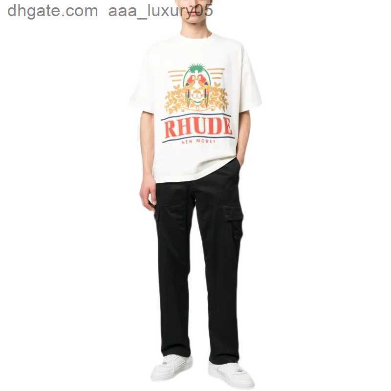 

Designer Fashion Clothing Tees TShirts 2023 Summer New Rhude High Street Parrot Flower Letter Print Loose Relaxed Short Sleeve T-shirt Men Tops Cotton Streetwear, White