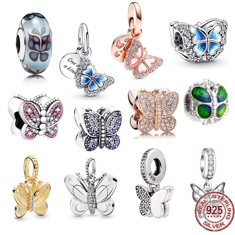 

925 Sterling Silver Charm Blue, Pink Butterfly Quote Double Dangle Charm Bead Fit Original Pandora Bracelet Jewelry Gift