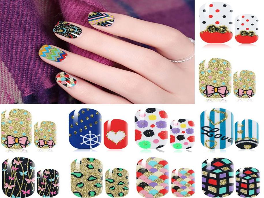 

New Arrival Color Glitter Nail Sticker Third Season Manicure Full Stick 16 Styles 12 Pieces Qj211226 1744529, Light yellow