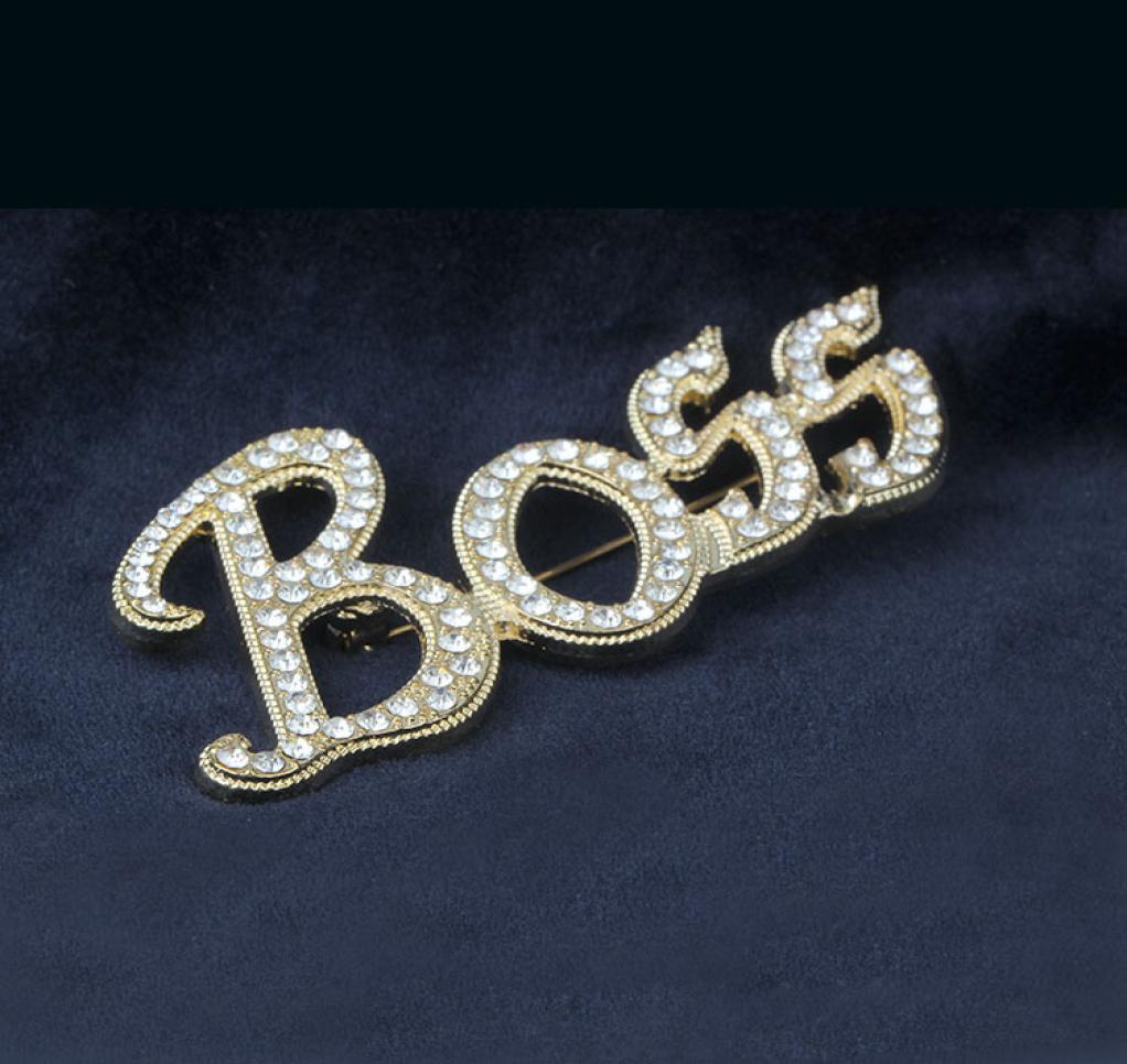 

Bling Bling 18K Gold Plated Austrian Crystal Letter BOSS Brooches for Men Women Wedding Jewelry Nice Gift Whole Retail Sh2261070