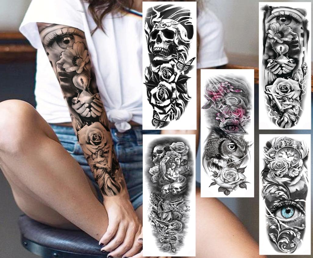 

Full Arm Evil Eye Temporary Tattoo Sticker For Men Women Realistic Skull Rose Flower Tatoos Body Art 3D Waterproof Fake Tattoos2464173