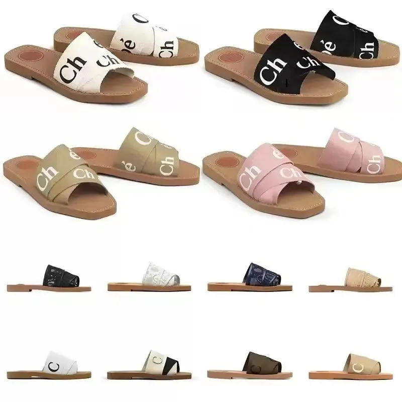 

Women Designer Beach Slides Slippers Woody Flat Mule Canvas White Black Green Pink Sail Navy Blue Womens Summer Sandals Slipper Outdoor size 36-40