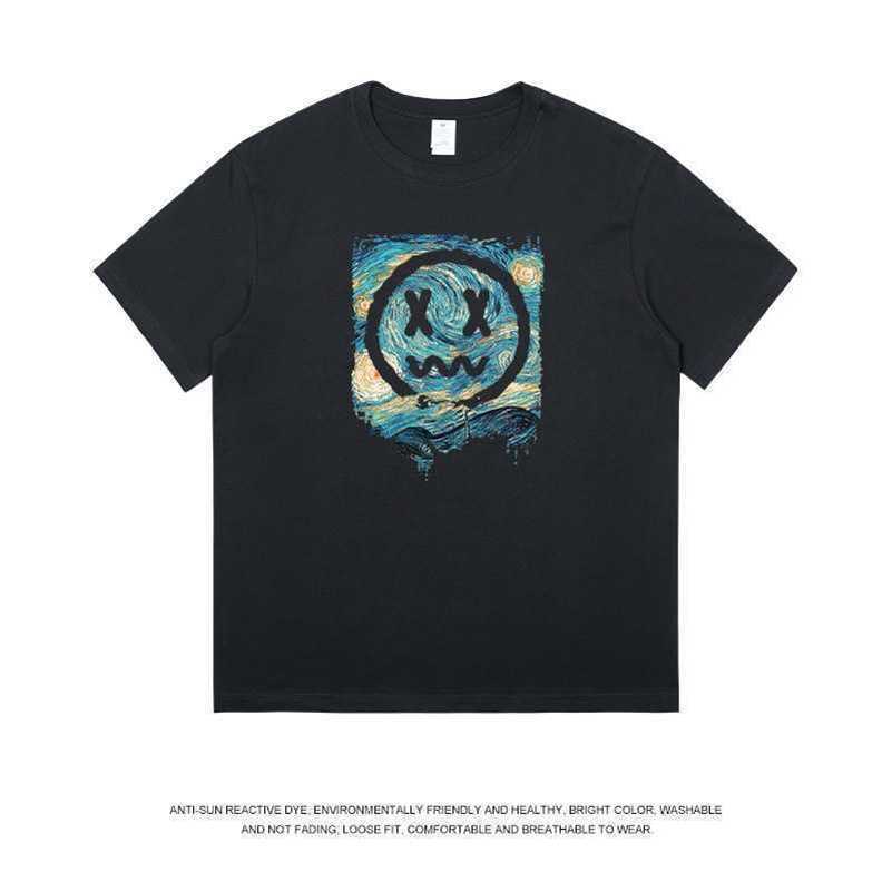 

220g American cotton high street short sleeved t-shirt for men with a sense of niche design printed summer fashion Couple costume, Van gogh graffiti - black