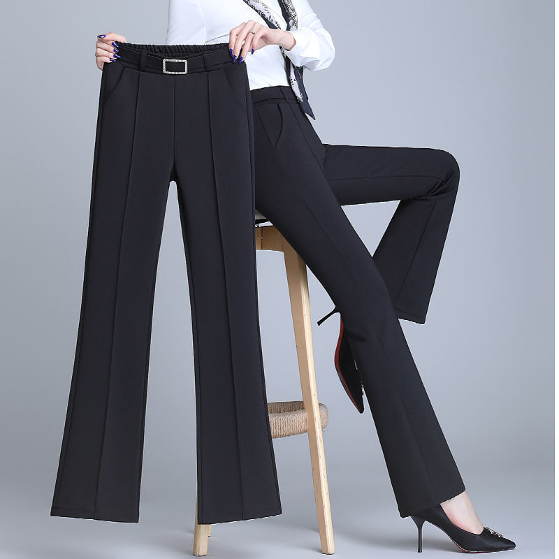 

Office Lady Elegant Fashion Flare Pants Spring Autumn Diamonds High Waist All-match Solid Women Casual Straight Trousers, Black