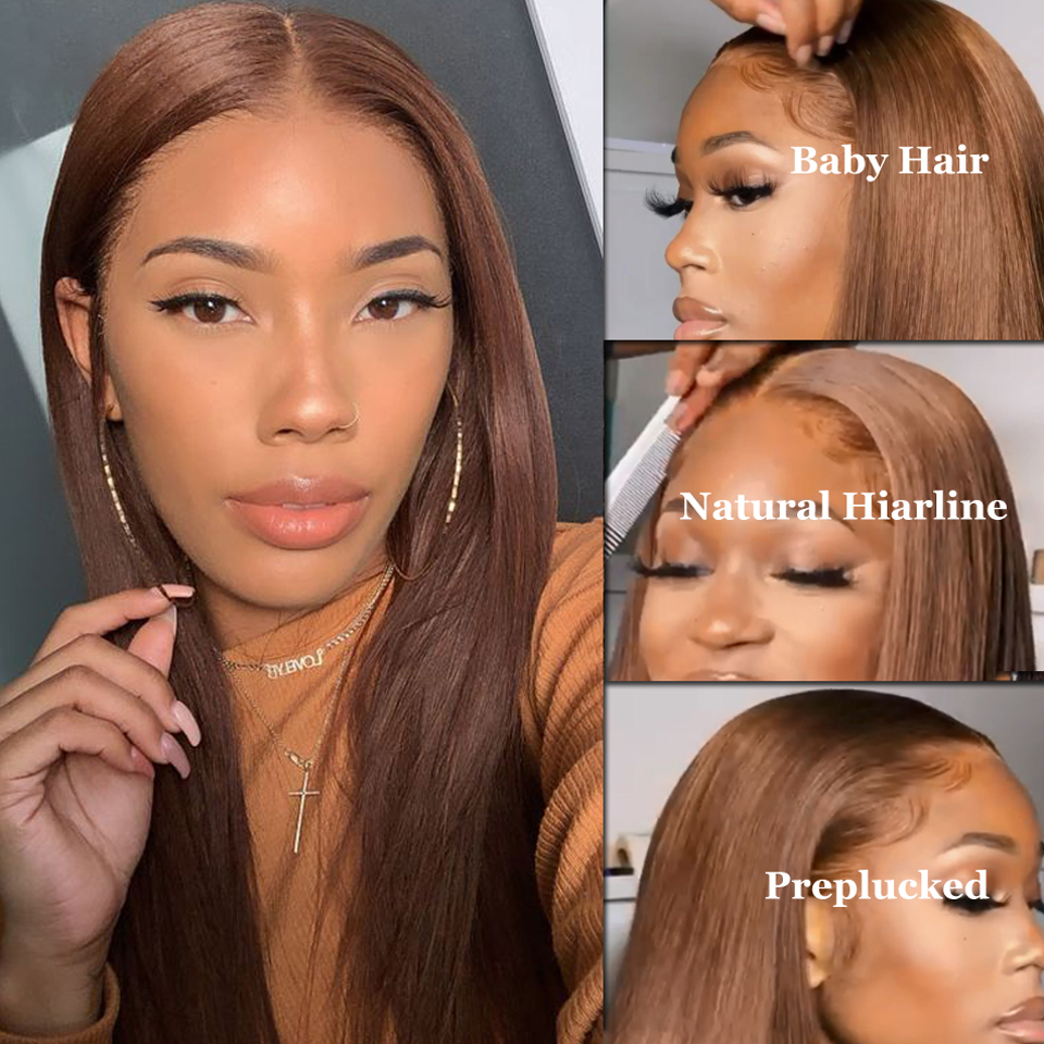 

Brown Straight 13X6 Lace Front Human Hair Wigs Honey Blonde Brazilian Remy Hair Transparent Lace Frontal Wig for Women, Light brown