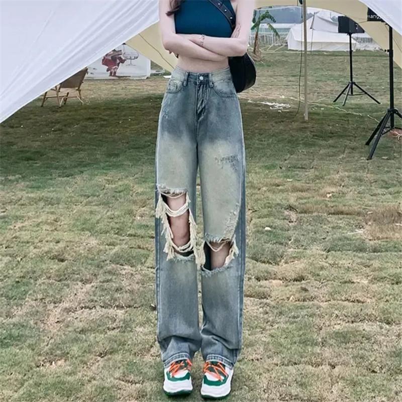 

Women' Jeans Vintage Women' Ripped Do Old Y2K Straight Leg Pants Button Pocket Loose Trousers Spring And Summer Female Clothing ZM171, Blue