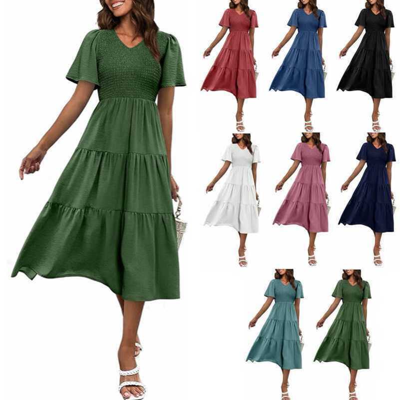 

Summer Women's New V-neck Pleated Hem Layered Short Sleeve Dress, Navy
