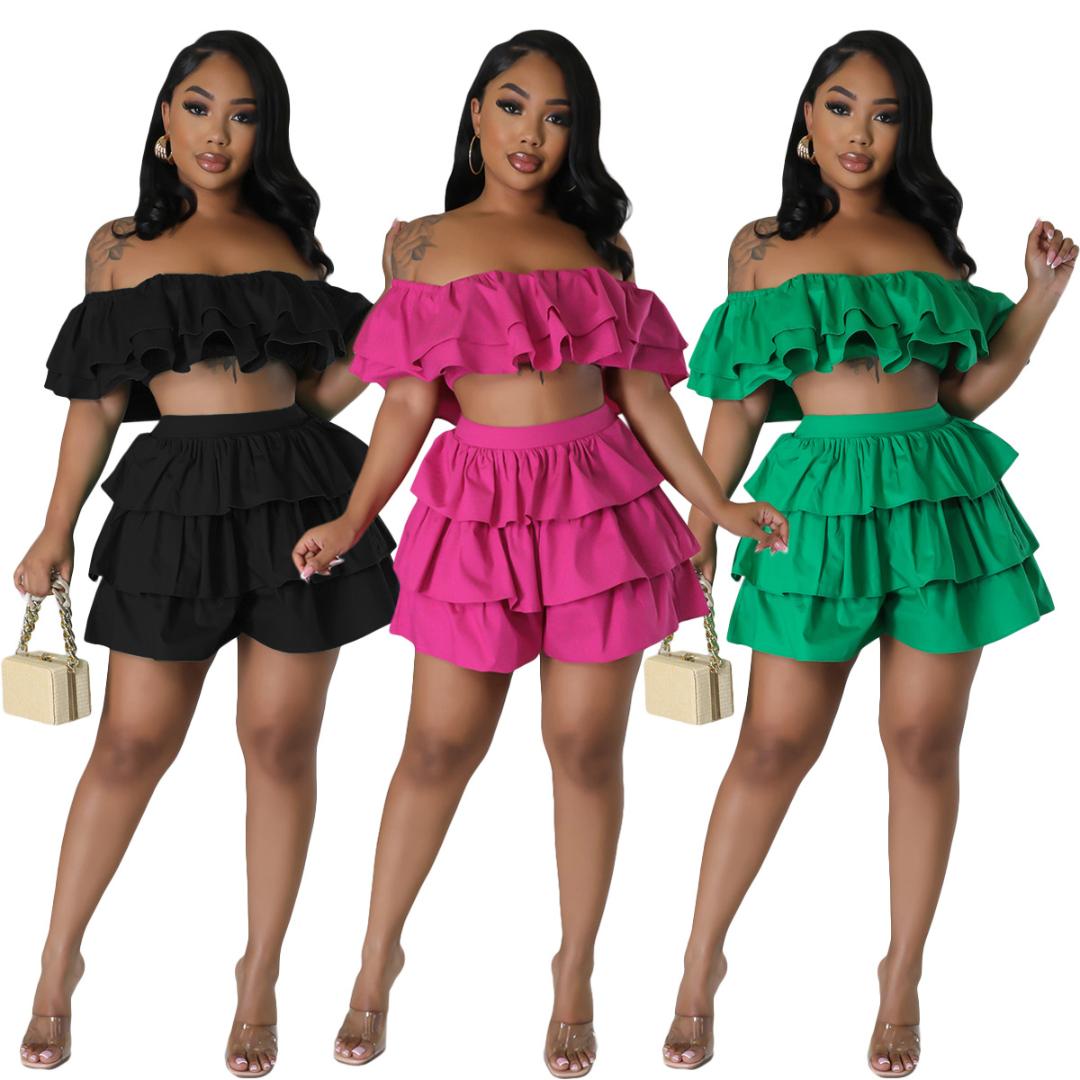 

Women Spring Summer Ruffle Edge Loose Pull Chain Wrapped Chest Shorts Set Two Piece Cover Ups Dress For Swimwear, L464 green