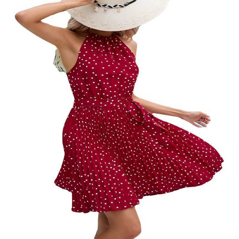 

Summer Fashion Women' Polka Dot Hanging Neck Belt Pleated Dress, Blue