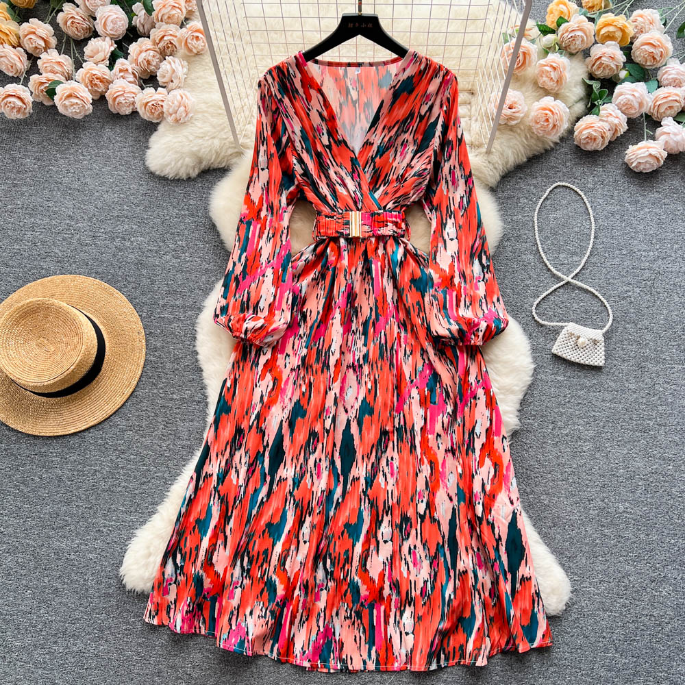 

2023 Casual Dresses Summer Elegant Vintage Tie Dye Print Elegant Lantern Sleeve Dress with Belt A-line Casual Fashion Robe Women Fashion Summer Spring Vestidos, Same as picture