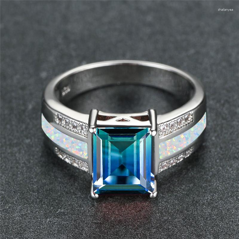 

Wedding Rings White Fire Opal Ring Multicolor Crystal Square Stone Engagement Classic Silver Color Rainbow Zircon For Women
