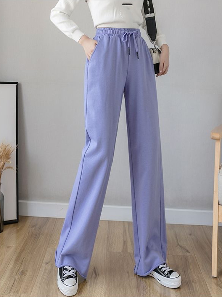 

Korean Floor Lengrh Wide Leg Trousers for Women Cotton Baggy Stacked Sports Pants Spring Gray Lace Up Women' Joggers, Purple