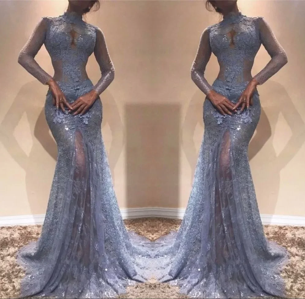 

Illusion See Through Lace Evening Gowns Mermaid High Neck Sheer Long Sleeves Appliques Long Party Prom Dress Pageant Vestido, Daffodil