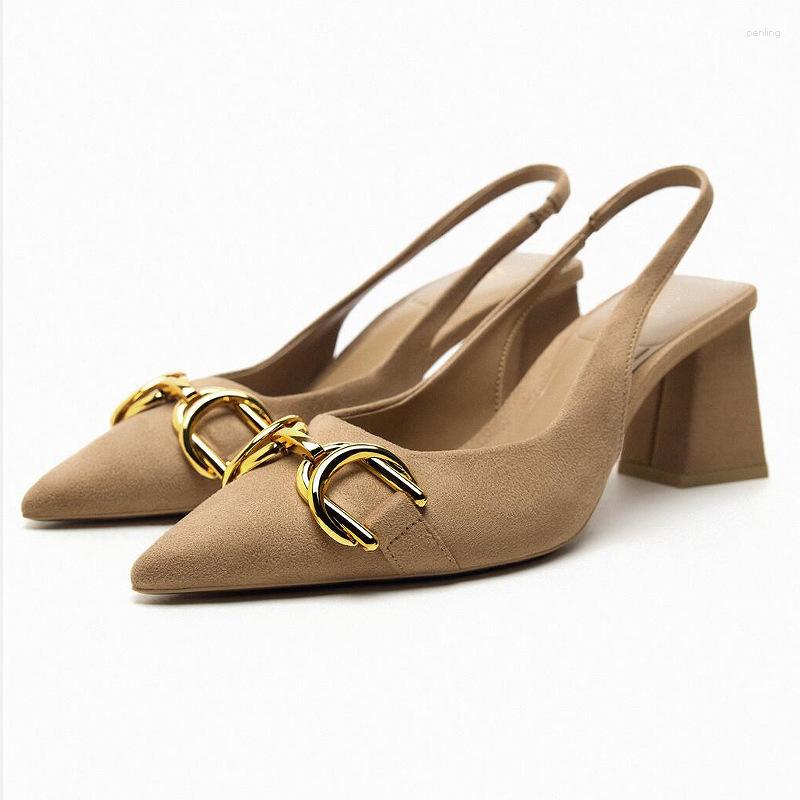 

Dress Shoes Women Slingback French Temperament High-heeled Sandals 2023 Metal Decoration Woman Brown Pointed End Mules