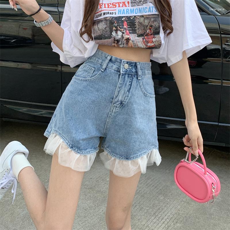 

Women' Jeans Women High Waist Shorts Summer Casual A-line Wide Leg Short Ruffles Patchwork Fashion Pocket Office Lady Trousers Streetwear, Blue shorts