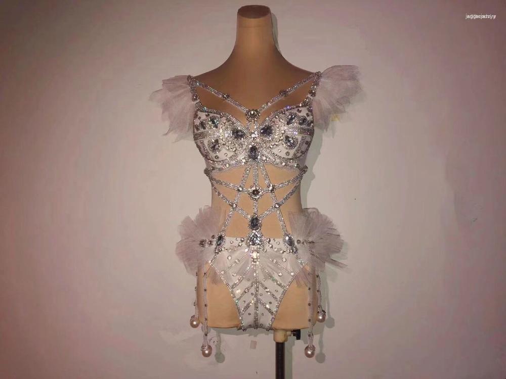 

Stage Wear Sexy Sparkly Silver Rhinestones Bodysuit Birthday Celebrate Outfit Bar Evening Women Singer Dancer Show Prom Clothes, White