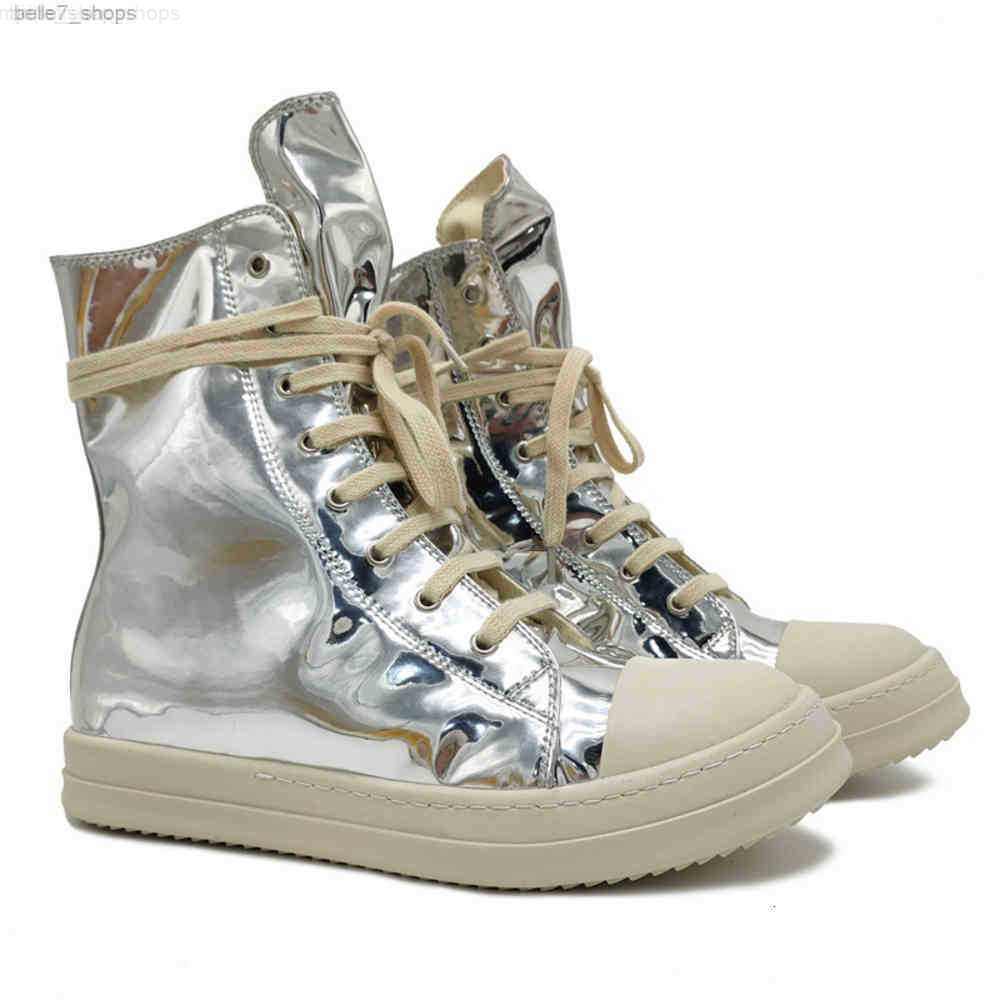 

2023 luxury rick designer ro boots shoes owens men's high top milk fragrance thick bottom large leisure sports paint leather shoes, Mirror skin silvery white
