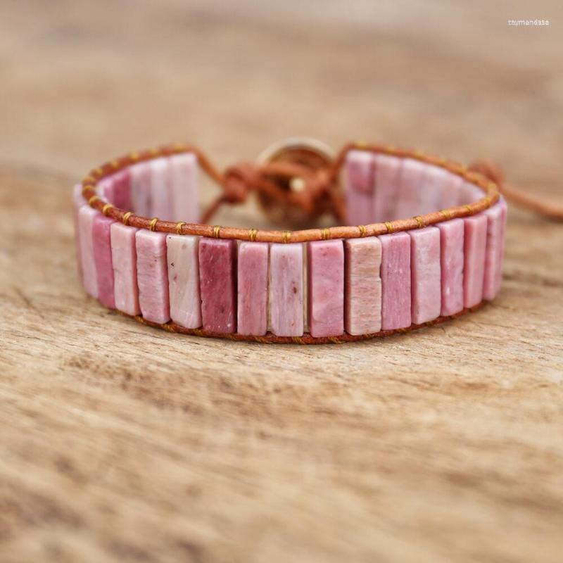 

Charm Bracelets 13mm Natural Rhodonite Stone Tube Beads Chakra Braided Leather Wrap Bracelet Women Handmade Jewelry GiftsCharm Raym22