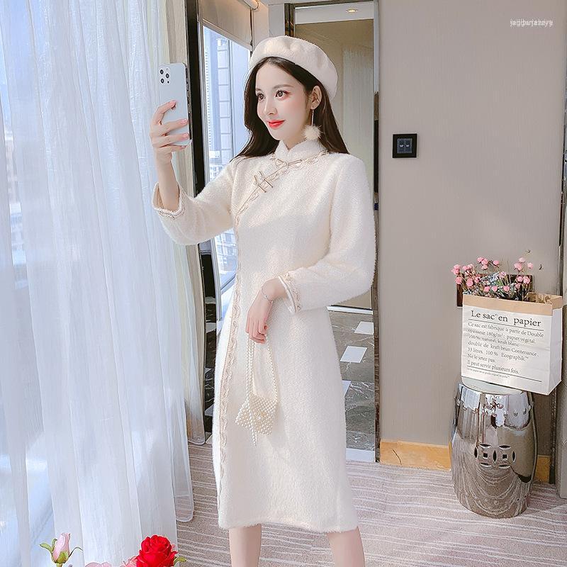 

Ethnic Clothing Vintage White Cheongsam Dress Chinese Style Sexy Split Autumn Winter Qipao Slim Young Girl Elegant Party Oriental