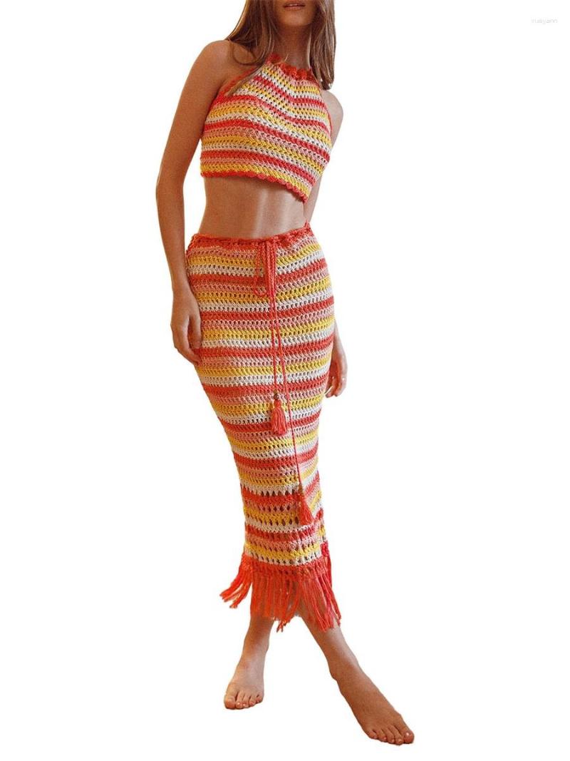 

Two Piece Dress Women' 2 Summer Outfits Sleeveless Backless Knit Cami Tops Midi Tassel Hem Bodycon Skirt Set, Red