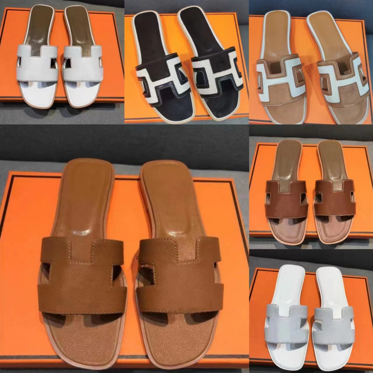 

Luxury designer leather ladies sandals summer flat shoes fashion beach women slippers H letter drag 35-42, 45