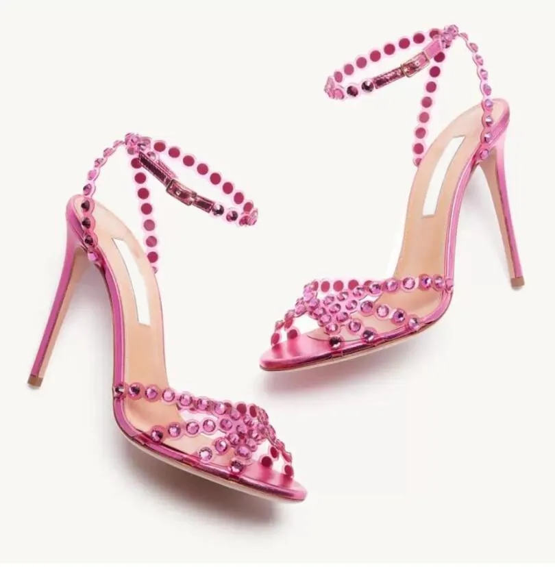 

22S Luxury Women Gladiator sandal Shoes Tequila embellished Leather Strappy Design Crystal Embellishments Bridal DRESS Wedding Party Lady High-Heels