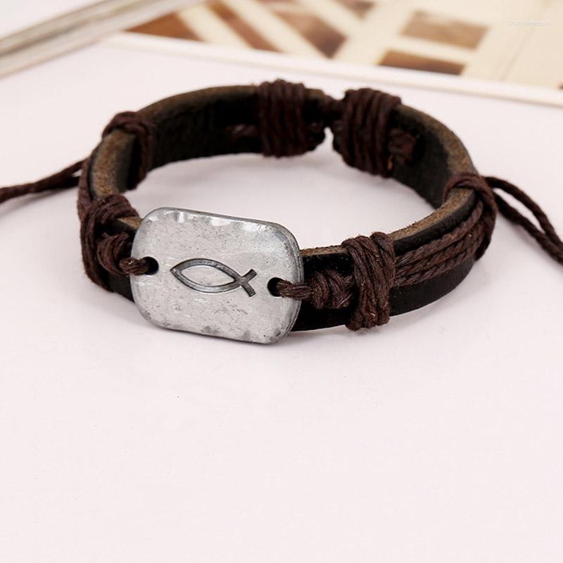 

Charm Bracelets Alloy Vintage Handmade Punk Woven Rope Leather Bracelet For Women Or Men Christian Prayer Jewelry Adjustable Wristband Raym2