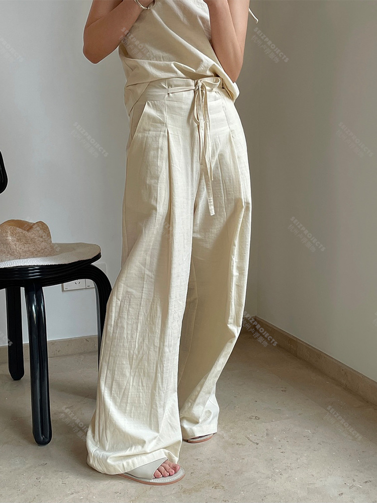 

Summer New Lazy Cotton Hemp Belt High Waist Wide Leg Casual Pants Women' Loose, Green