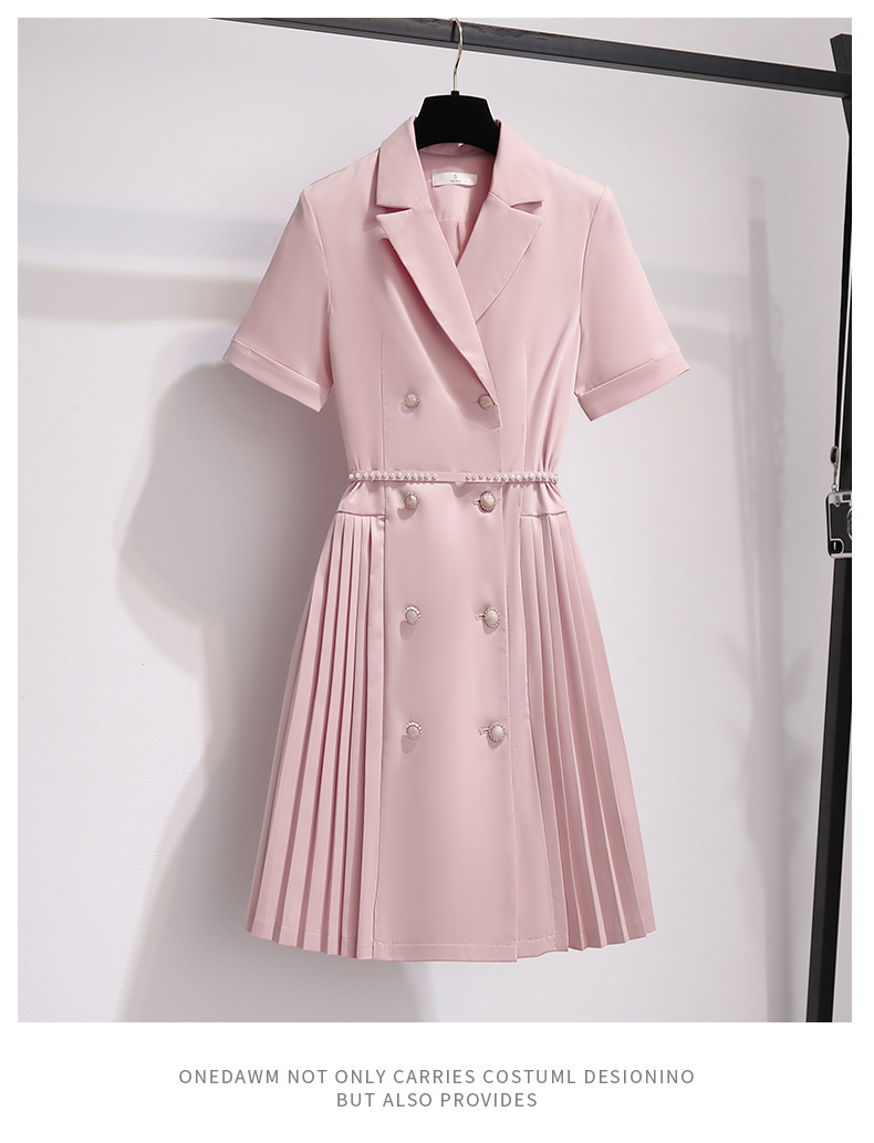 

Casual Dresses Elegant Blazer Dress for Women Summer Dress Notched Double-breasted Pink Pleated Mini Dress With Beaded Belt Vestidos De Mujer 2023, Same as picture