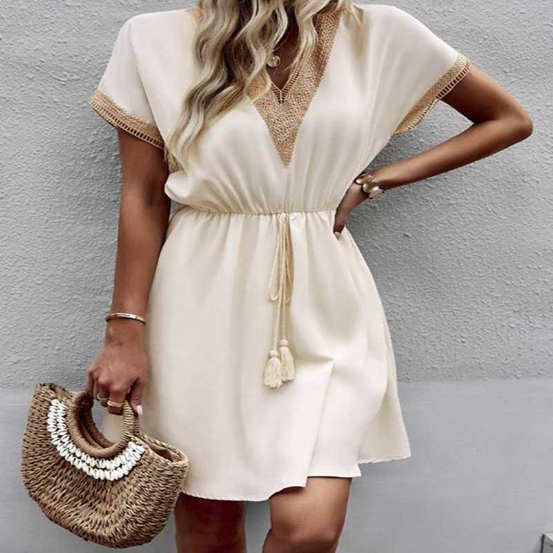 

Short Spring/Summer Solid Sleeve Lace V-Neck Waist DressFB, Blue