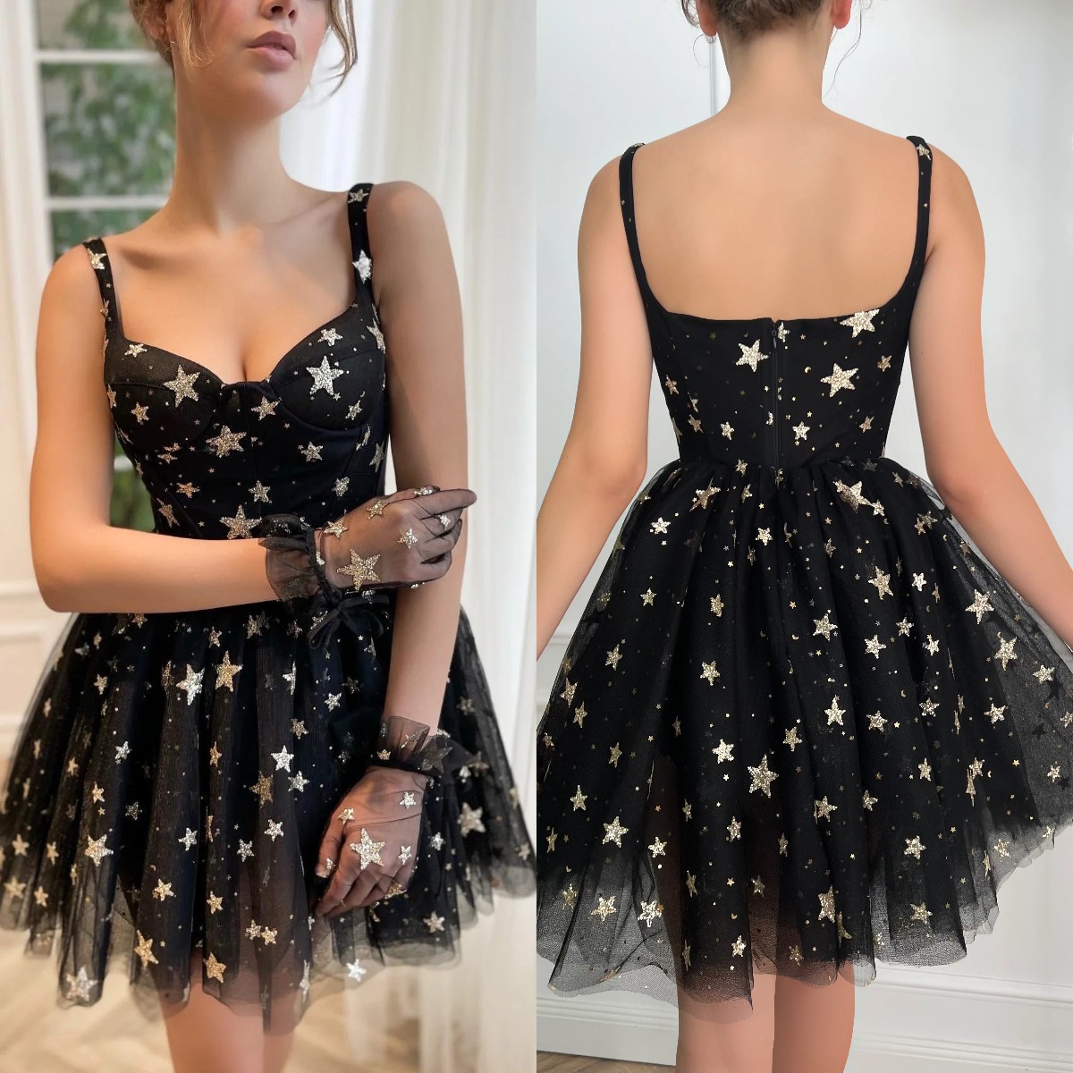 

Sweet Black Short Homecoming Dresses Star Sequins Lace Mini Cocktail Homecoming Dress zipper back, Customize