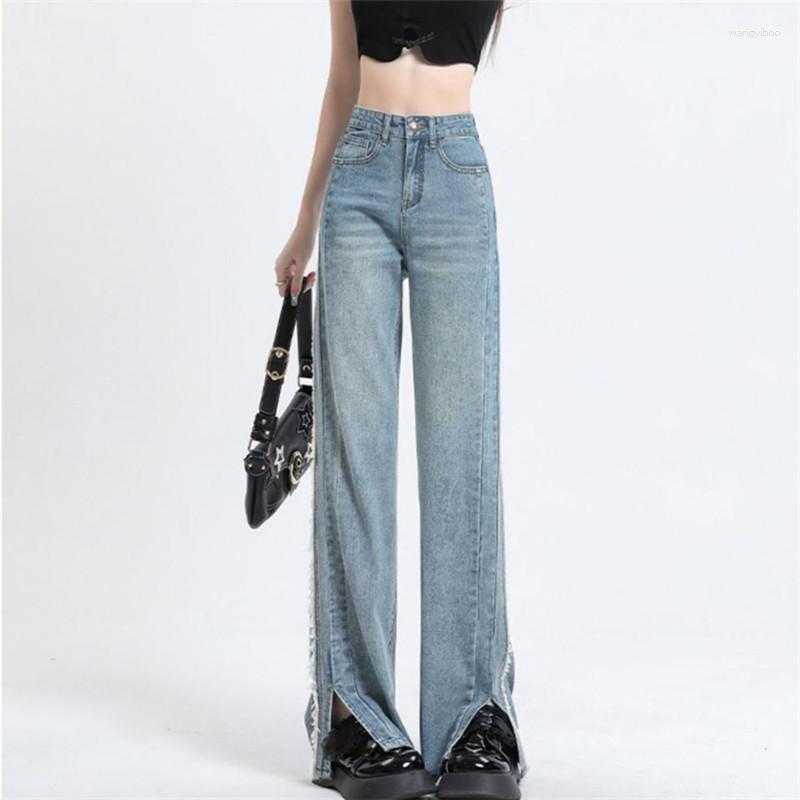 

Women's Jeans High Street Women Spring/Summer Y2K Burrs Slit Wide Leg Pants Button Pocket Trousers Loose Female Clothing ZM247, Light blue