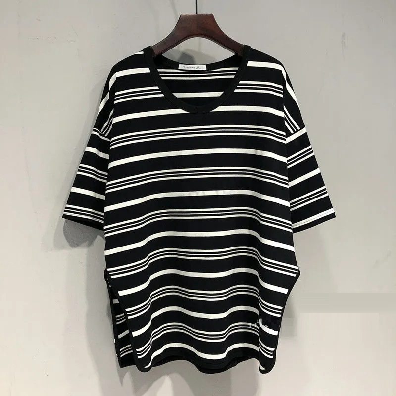 

Plus Size 4XL 150kg Summer Striped T Shirt Short Sleeve Casual tshirt For Lady Tops & Tees Fashion Large Big T, Black