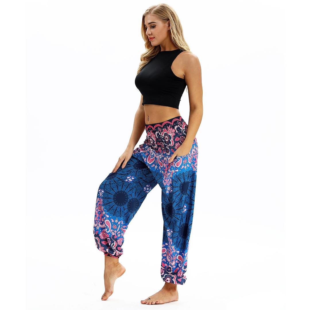 

Women Bohemia Pants Indie Folk Thai Long Lantern Pants Elastic Waist Loose Summer Soft Yoga, Black