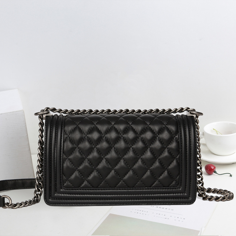 

Designer luxury women retro shoulder bag litchi pattern high quality chain leather diamond lattice fashion crossbody handbag, Black