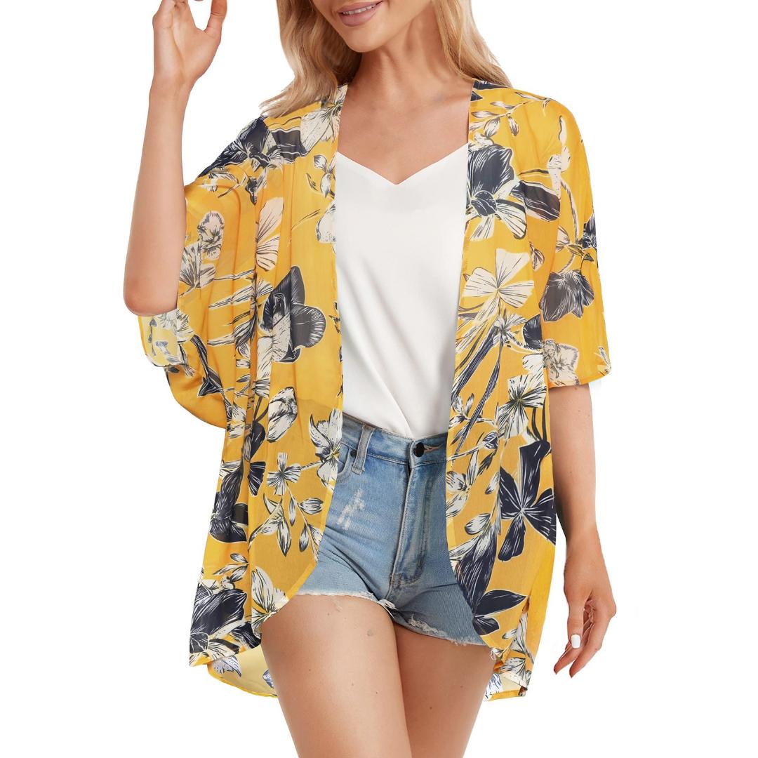 

Casual Loose Cardigan Cover Up Summer Floral Printed Puff Sleeve Chiffon Kimono Blouse Tops Cropped Cardigans For, Yellow