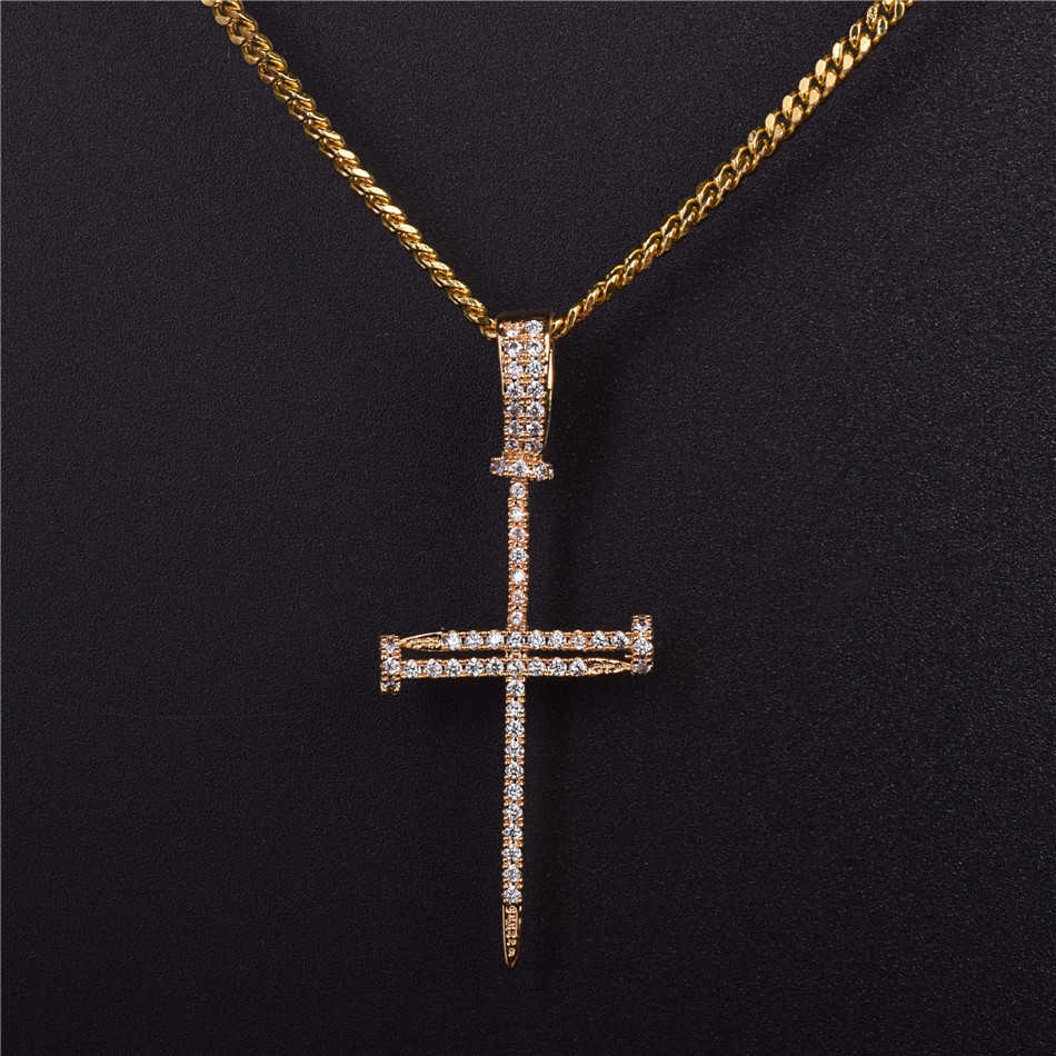 

Pendant Necklaces Nail Cross Gold Color Copper Material Iced Rock Street Necklace Chain Fashion Hip Hop Jewelry 230621