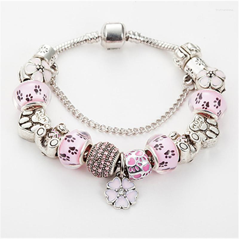 

Charm Bracelets 2023 Fashion Silver Plated Color Flower Pendant Cute Pand Bracelet With Pink Chamilia Beads For Women Raym22