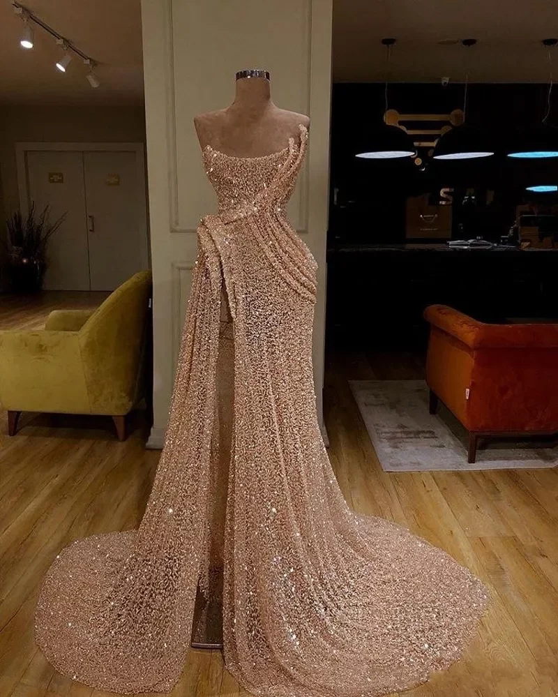 

Long Train Gold Mermaid Evening Dresses High Split Evening Dress Formal Evening Gowns robe de soiree Abendkleider, Khaki