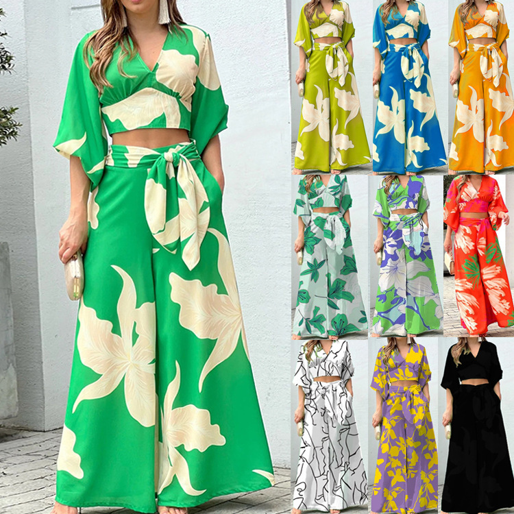 

2022 Spring Women's Autumn New Printed Leisure Suit V-Neck Lantern Sleeve Short Top High Waist Wide Leg Pants Two Piece Set, As shown 05