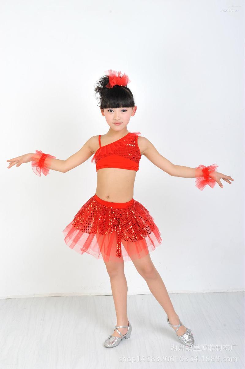 

Stage Wear Children In Costumes Of Latin Dance Modern Split Skirt Dress Sequins