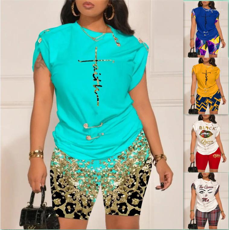 

Women's Tracksuits 2023 Summer Women's Fashion Casual Comfortable Printing Metal Decoration O-Neck Short Sleeve Top 5-point Shorts Two