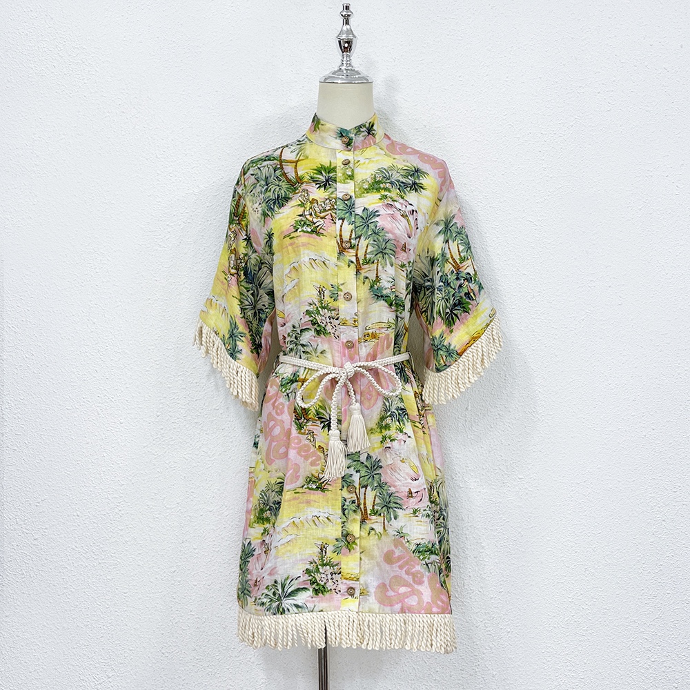 

Basic & Casual Dresses Australian designer dress 2023 linen print stand up collar dress, Multi