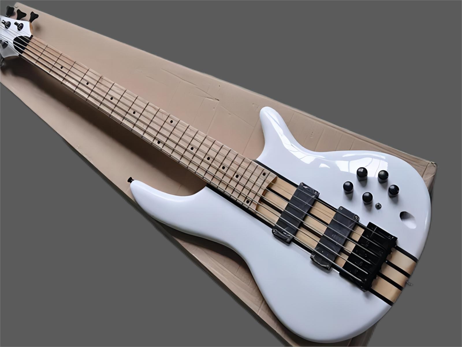 

6 Strings white body Electric Bass Guitar with Black Hardware,Active pickups,Neck through body,Provide customized services